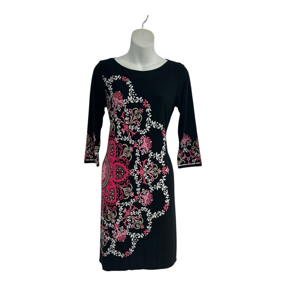 Chic Long Sleeve Black Dress with Pink Floral Pattern in Size Medium